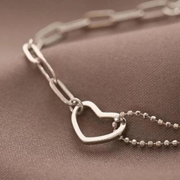925 Sterling Silver Dainty Heart Bead Chain Link Bracelet - Picture 4 of 7